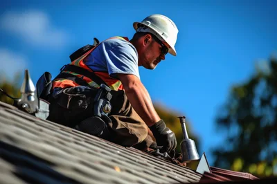 Professional Roofer Installing Shingles on Residential Roof