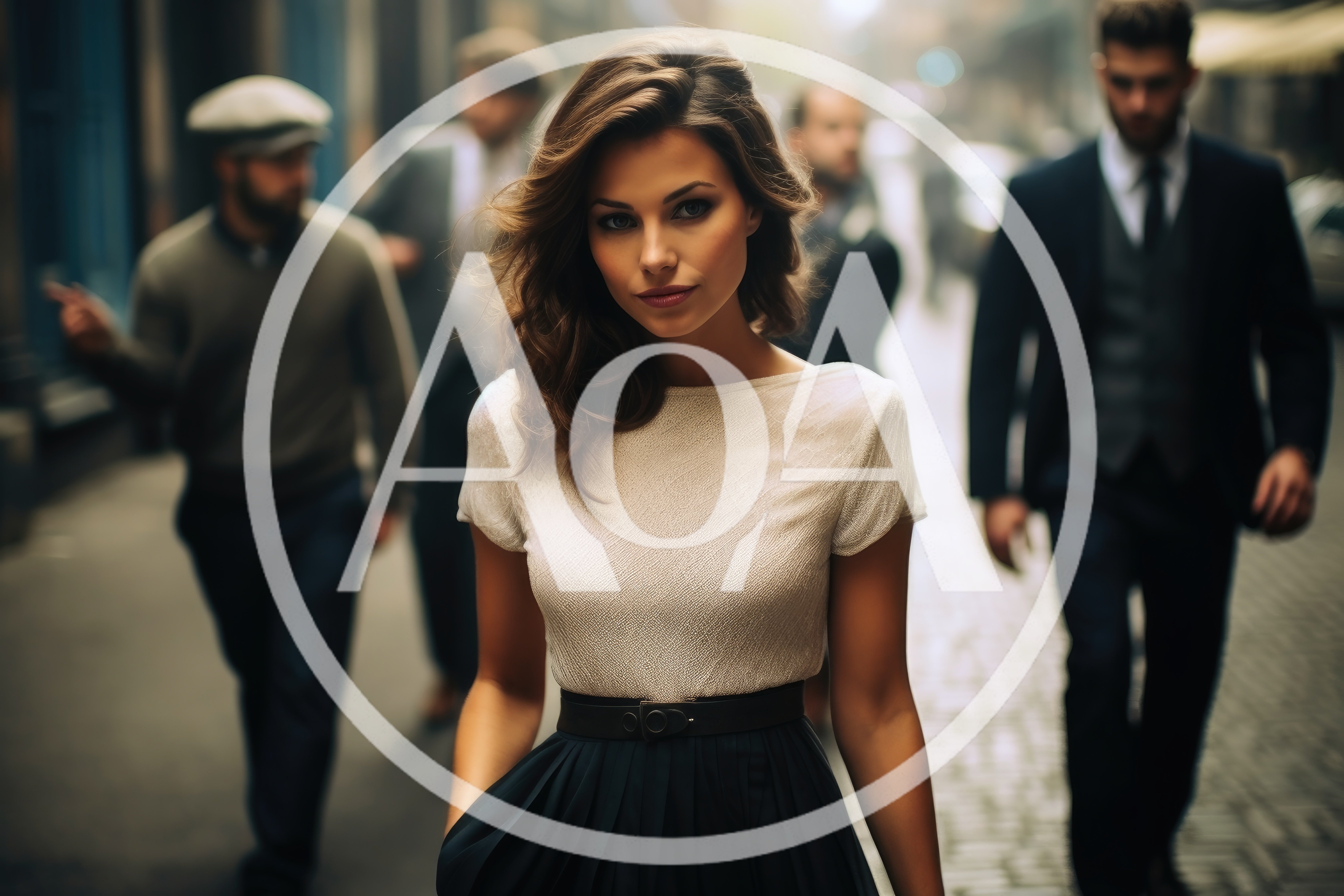 Elegant Woman Walking Through A Busy City Street