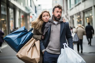 Stressed Couple Carrying Shopping Bags On City Street