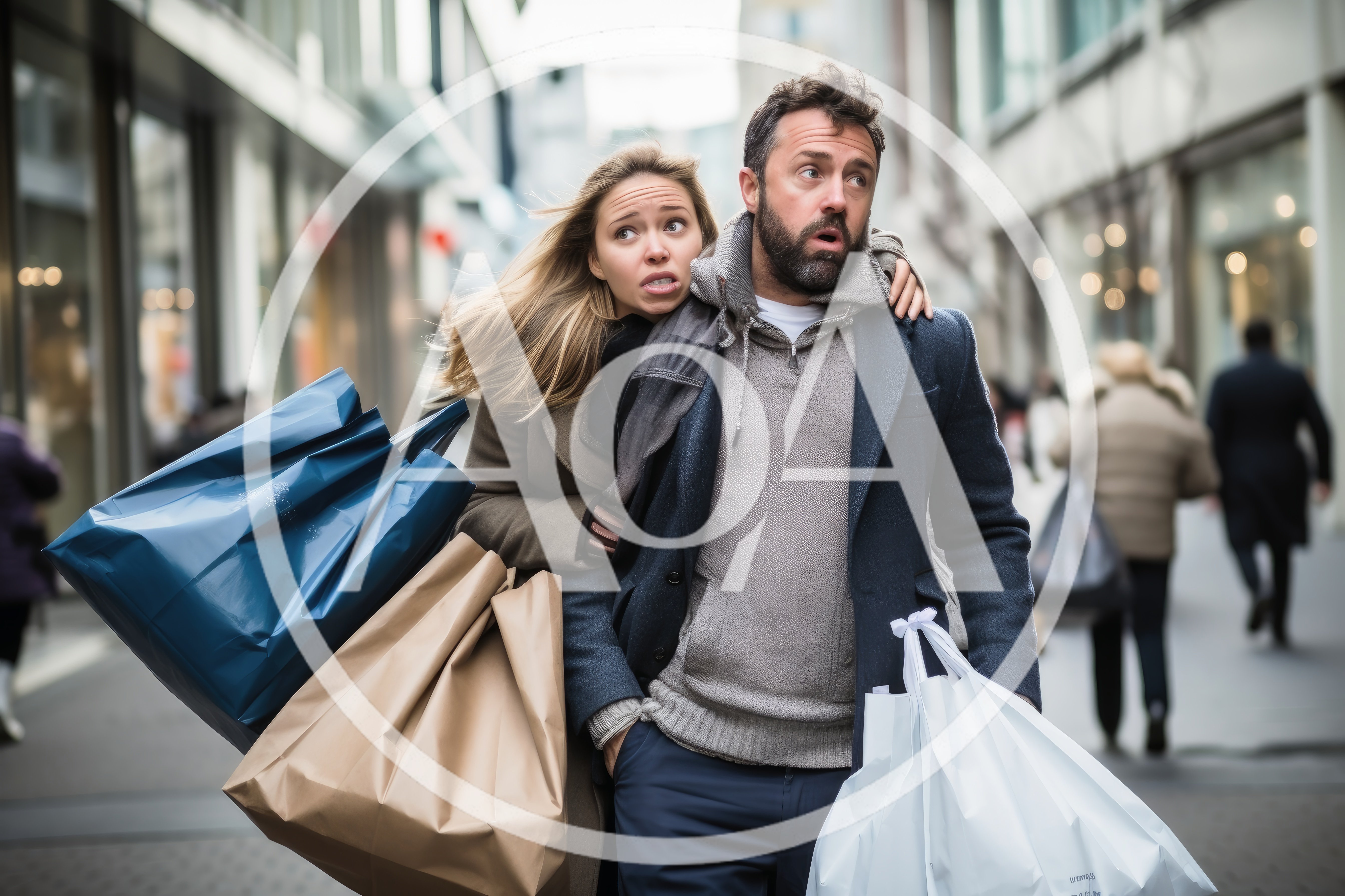 Stressed Couple Carrying Shopping Bags On City Street