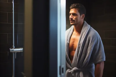 Handsome Man Wearing Bathrobe Standing In Modern Bathroom