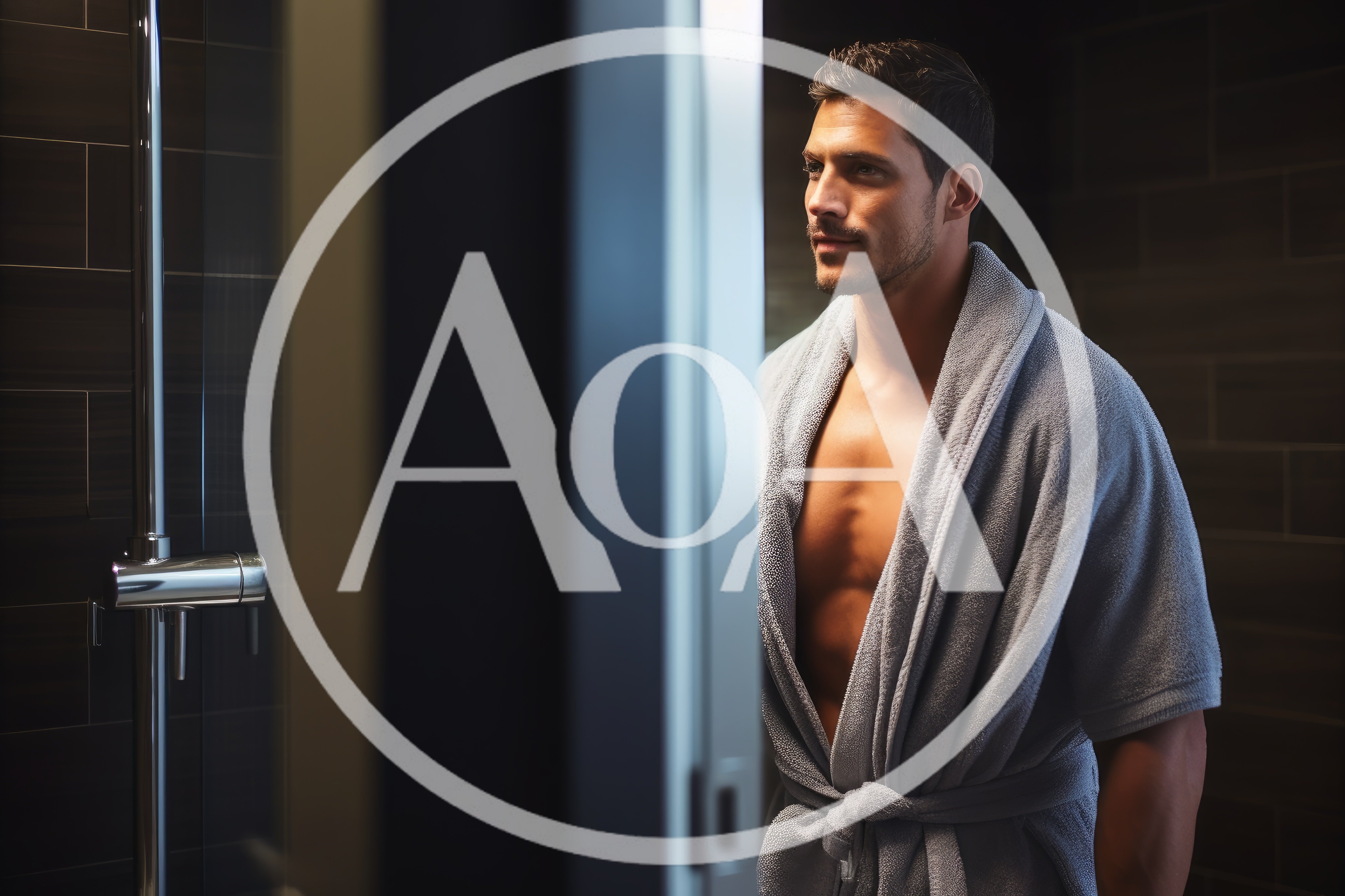 Handsome Man Wearing Bathrobe Standing In Modern Bathroom