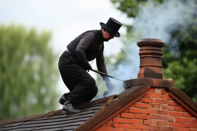 Traditional Chimney Sweep Working On A Rooftop