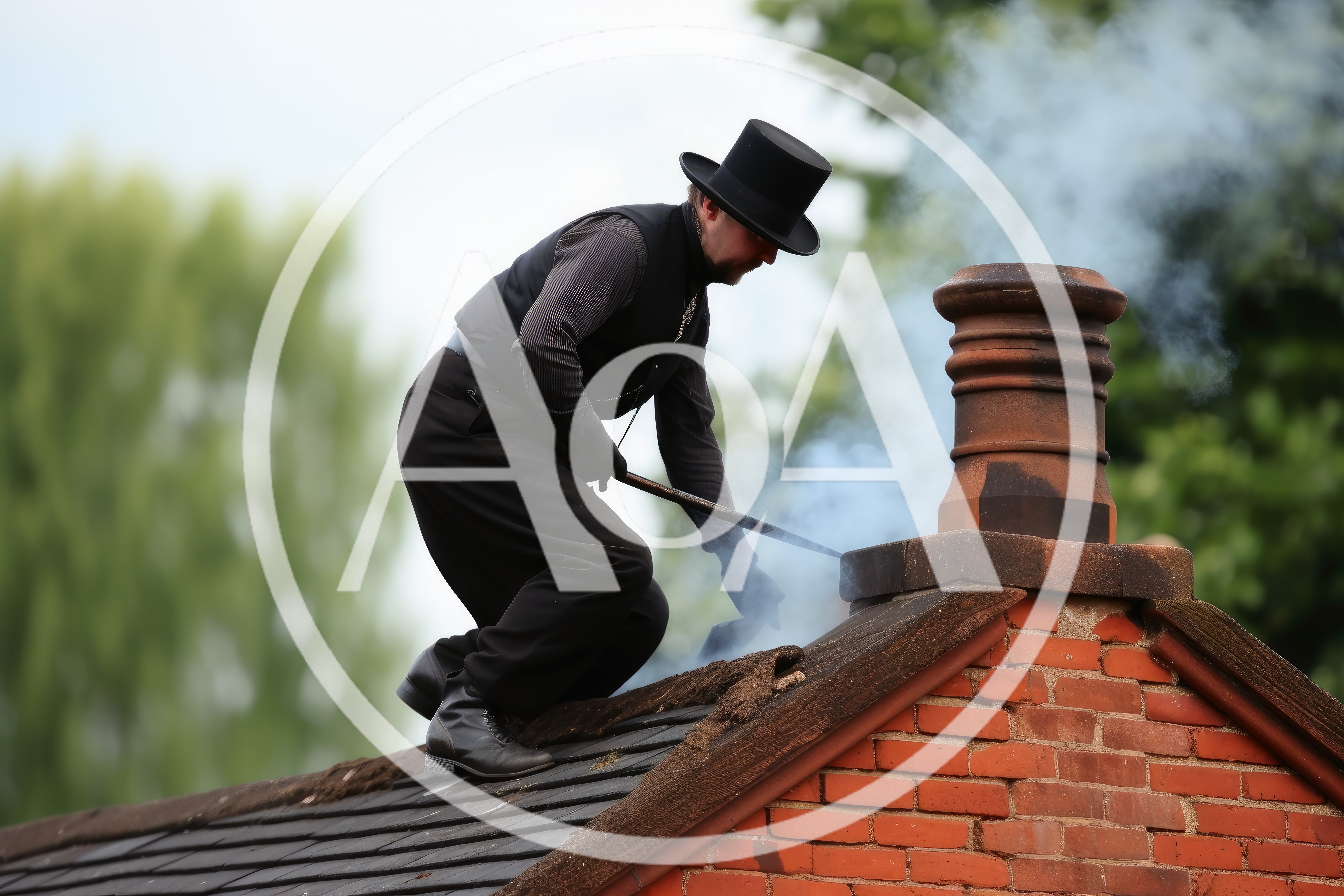 Traditional Chimney Sweep Working On A Rooftop