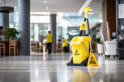 Yellow Mop Bucket and Cleaning Equipment in Office Lobby