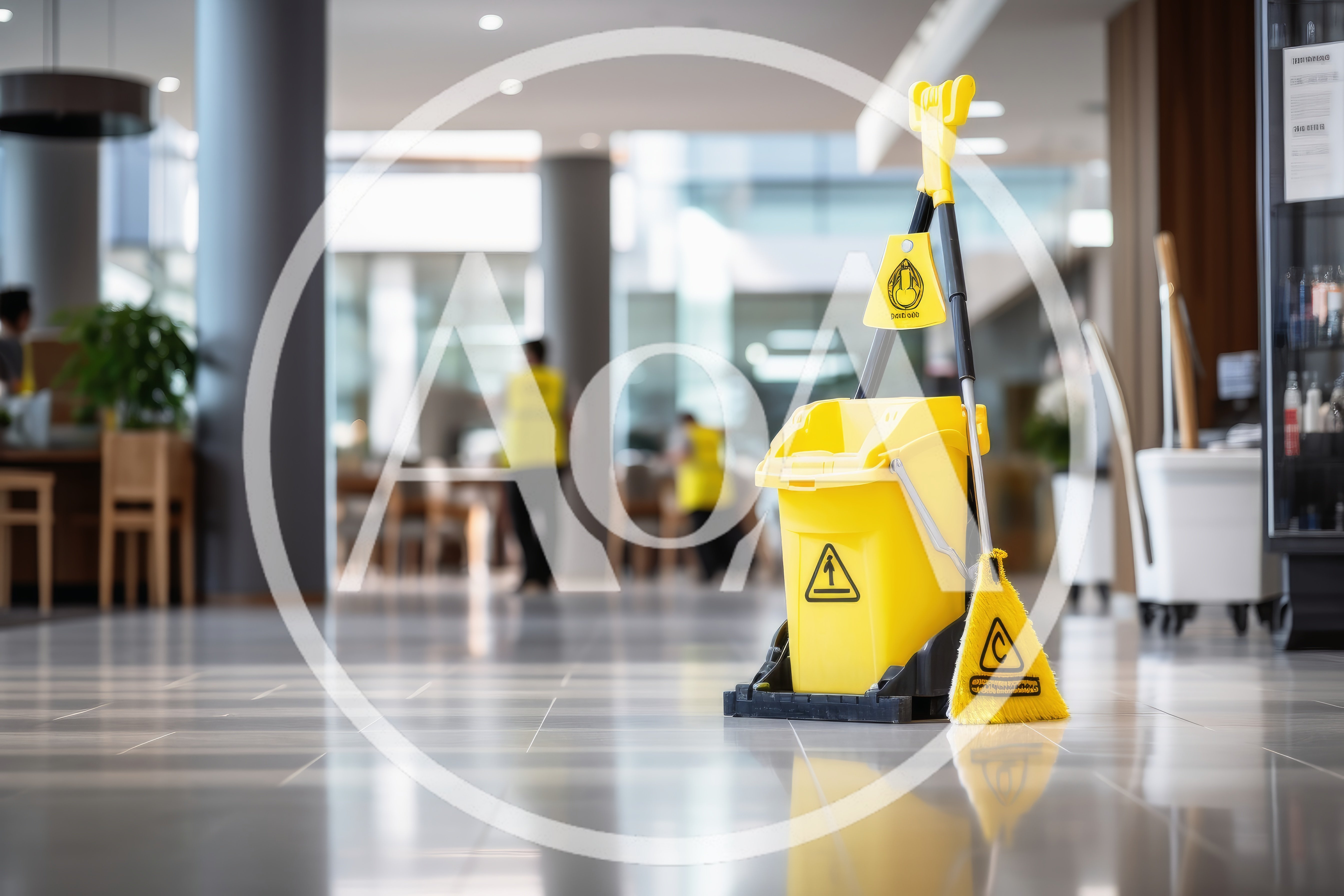Yellow Mop Bucket and Cleaning Equipment in Office Lobby