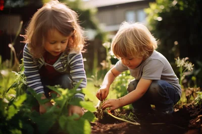 Two Young Children Gardening Together In A Sunny Backyard