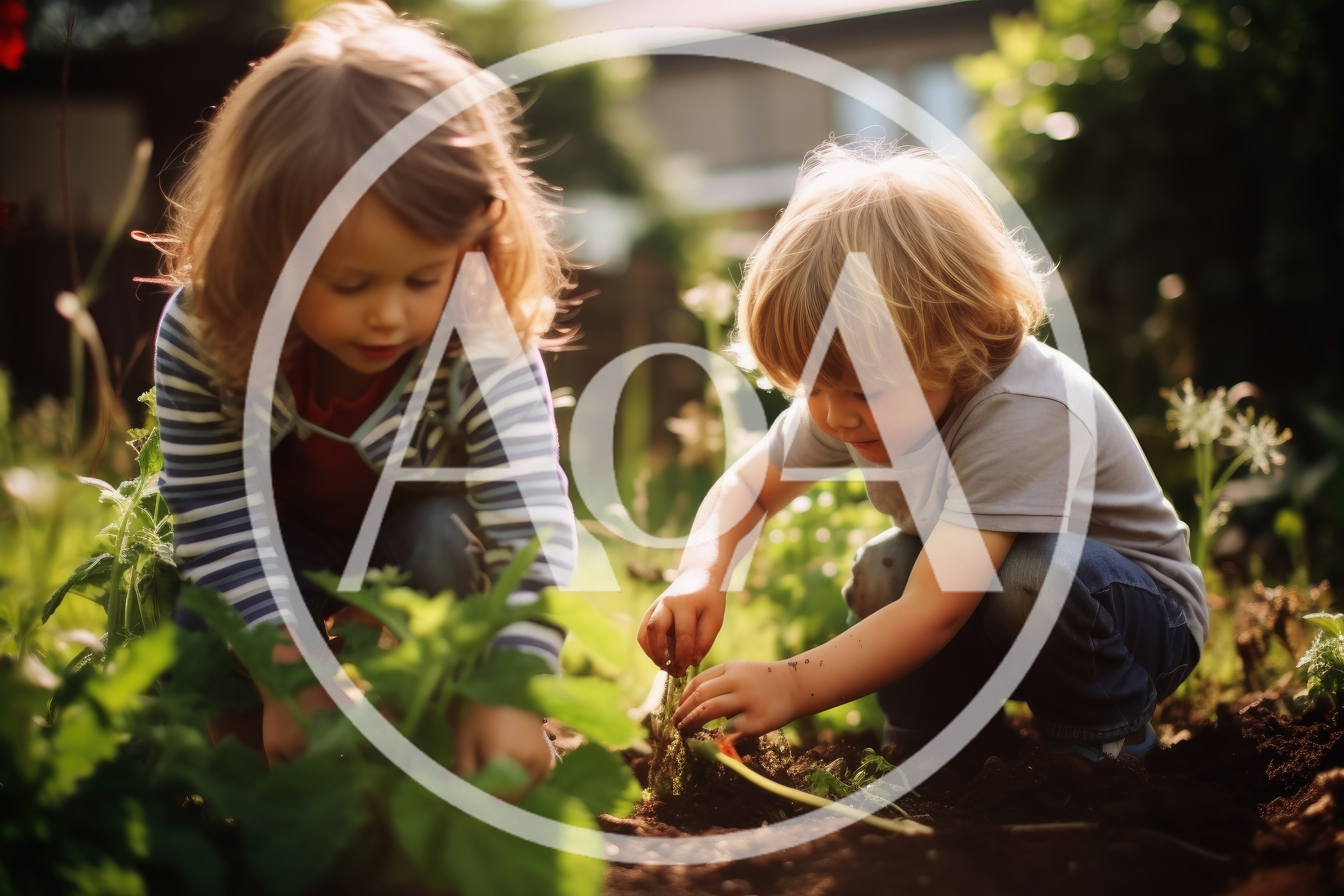 Two Young Children Gardening Together In A Sunny Backyard