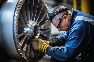 Aviation Technician Inspecting Jet Engine Turbine Blades