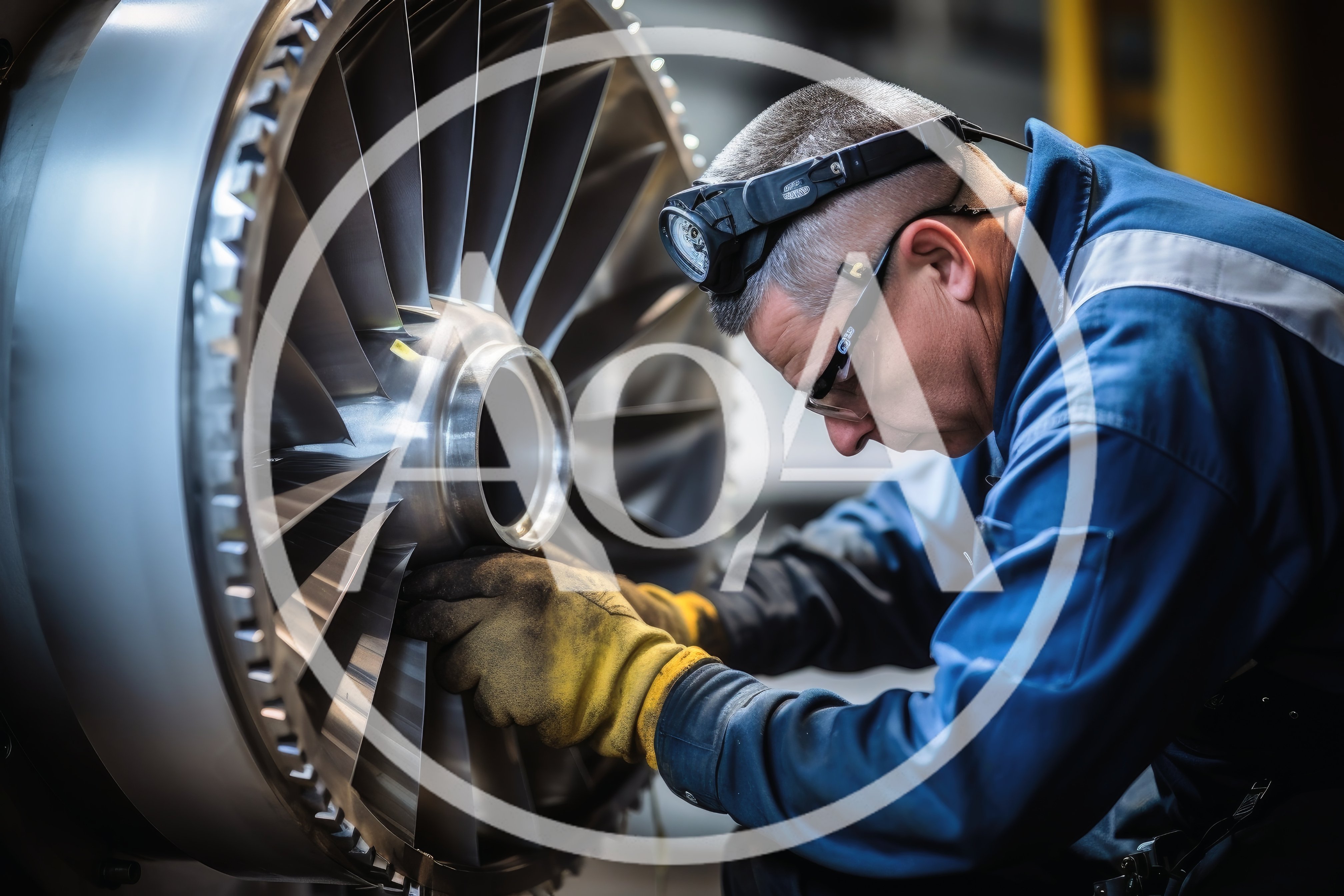 Aviation Technician Inspecting Jet Engine Turbine Blades