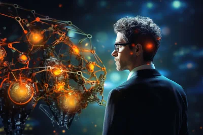 Businessman Observing A Glowing Digital Neural Network
