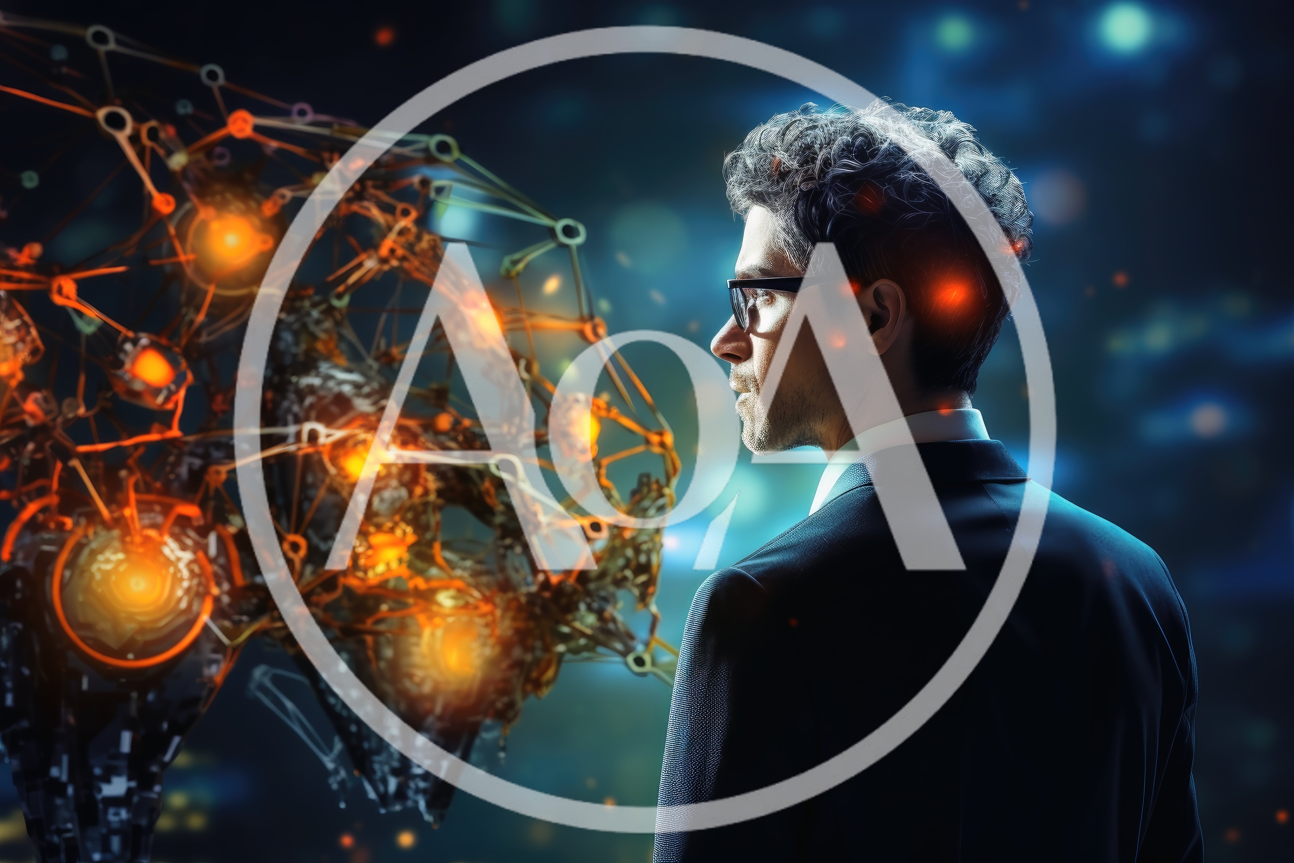 Businessman Observing A Glowing Digital Neural Network