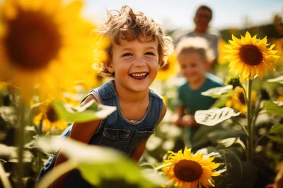Happy Young Child Laughing in a Sunflower Field