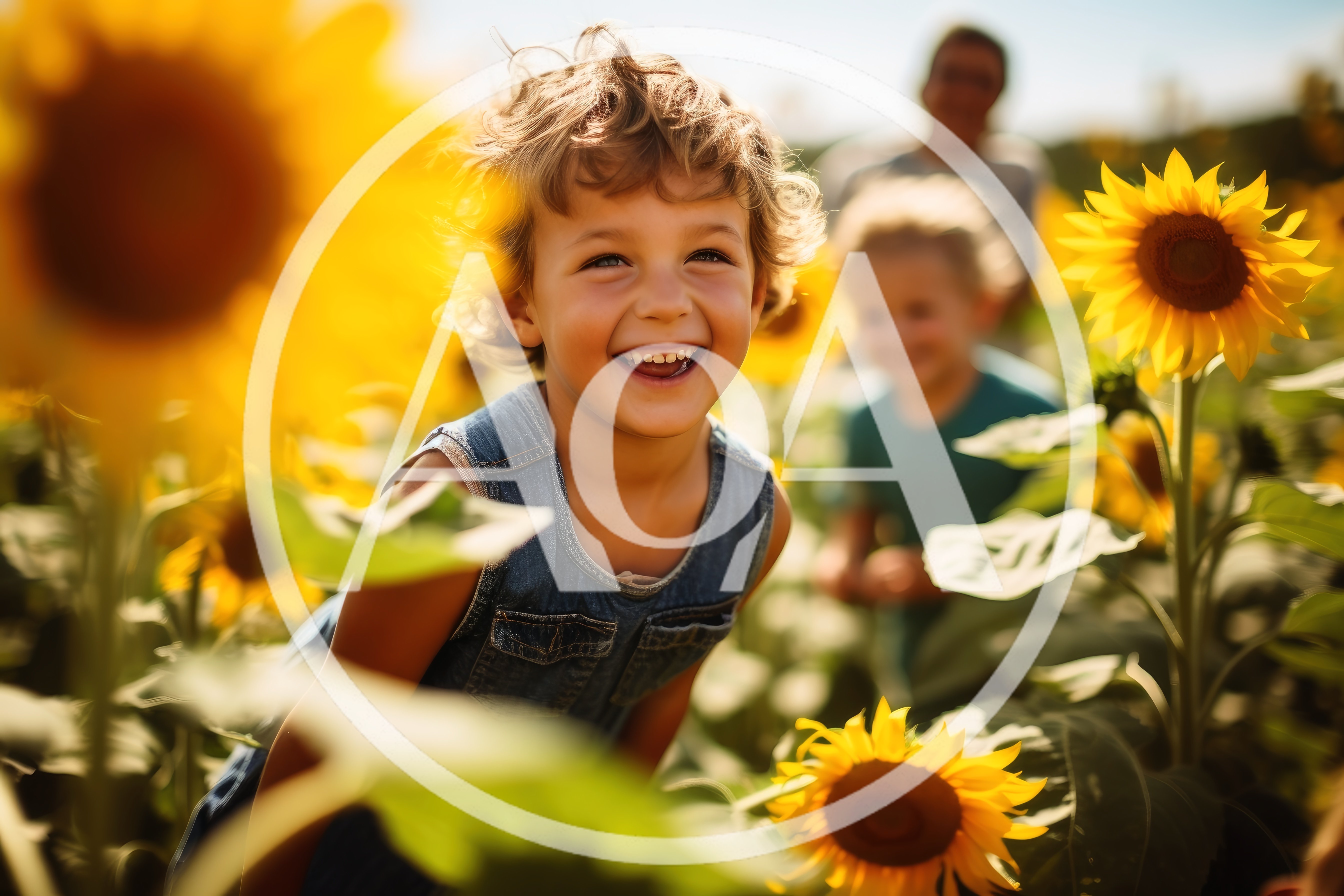 Happy Young Child Laughing in a Sunflower Field