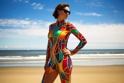 Woman Wearing Stained Glass Pattern Bodysuit On Beach