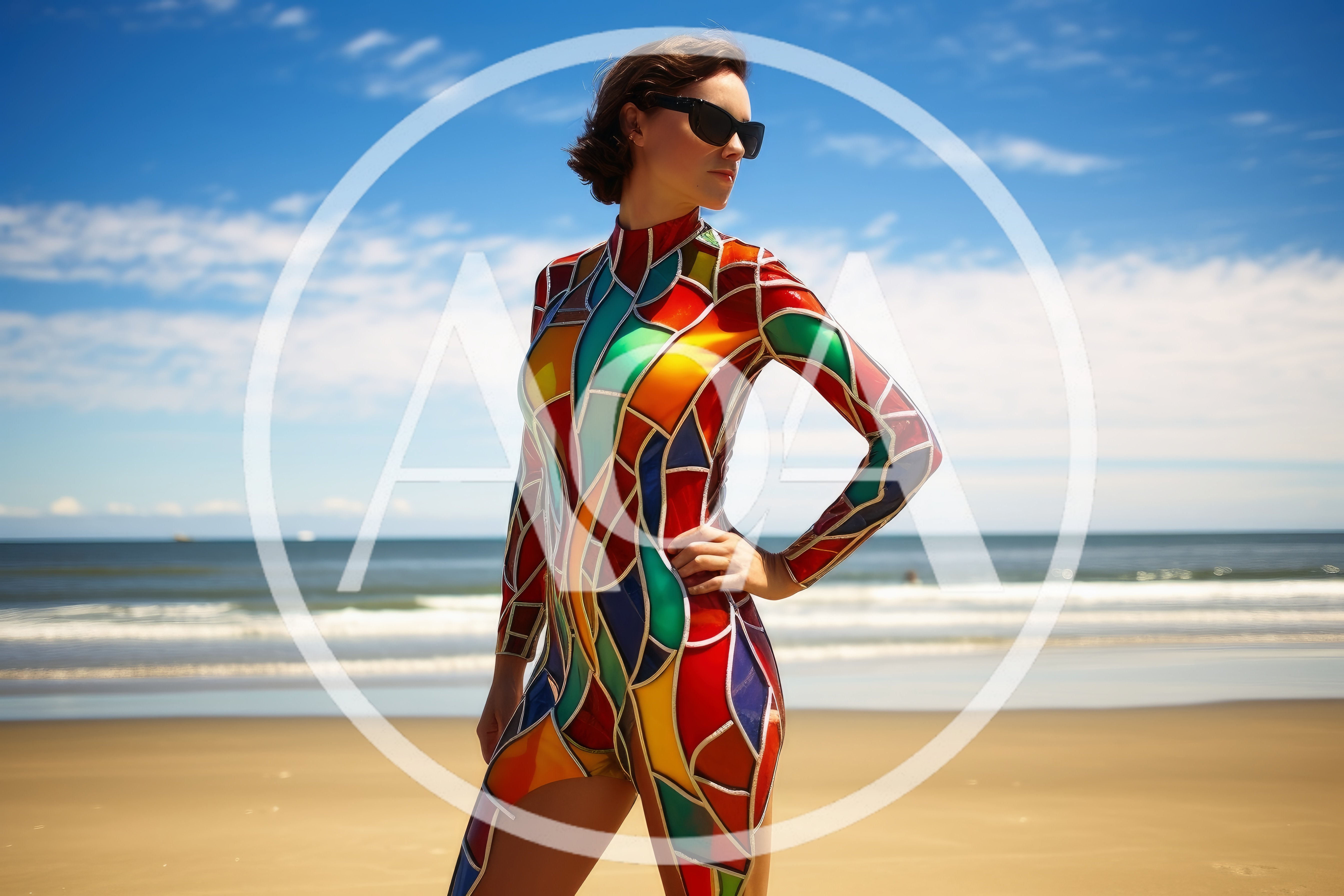 Woman Wearing Stained Glass Pattern Bodysuit On Beach