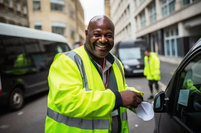 Smiling Traffic Warden In High Visibility Jacket
