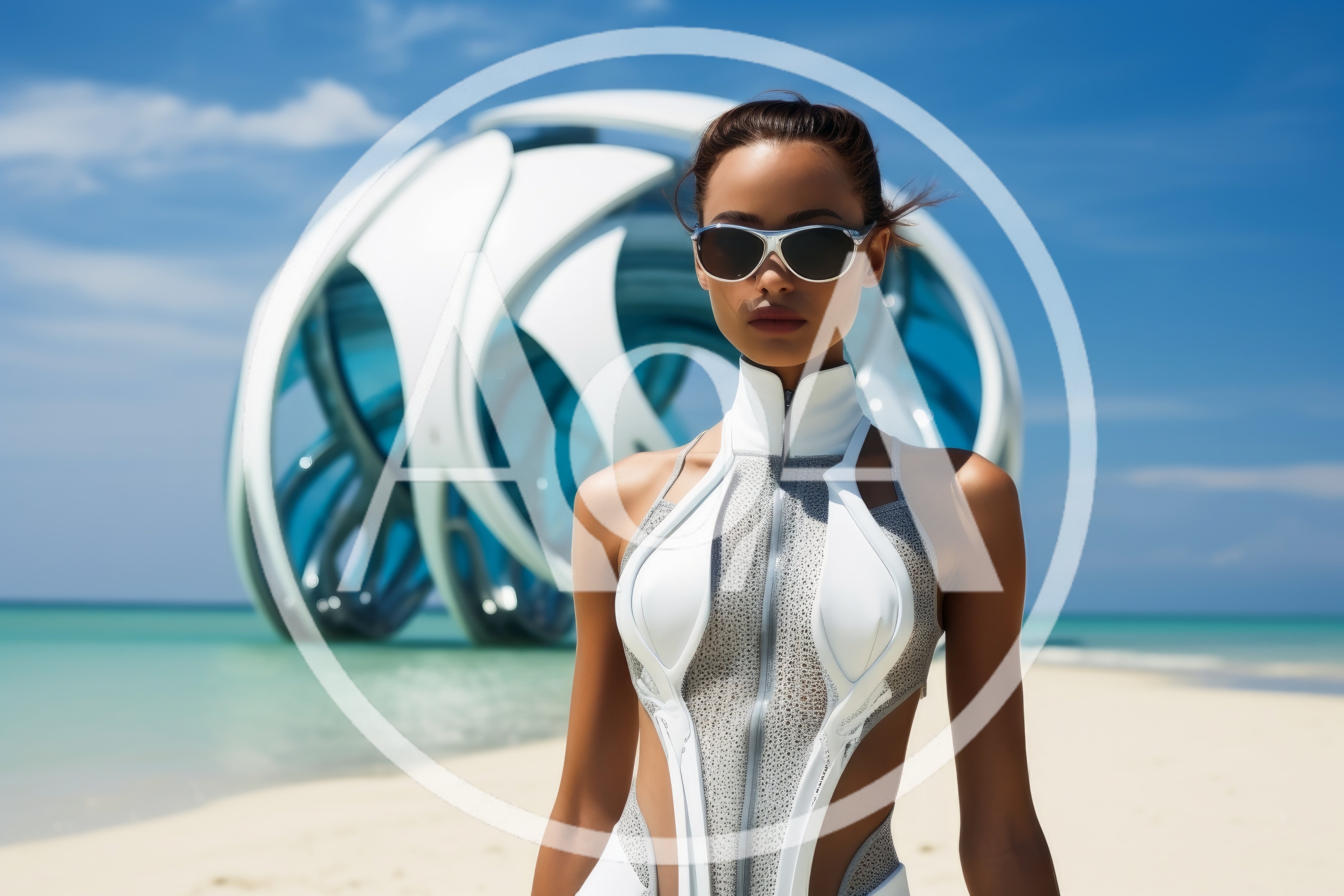 Futuristic Woman Standing Before Abstract Architectural Structure