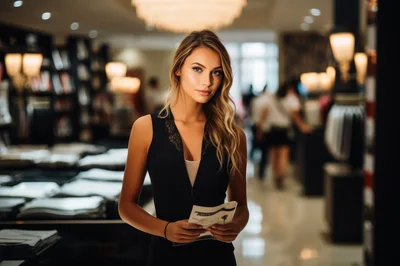 Elegant Woman Holding A Brochure In A Luxury Boutique