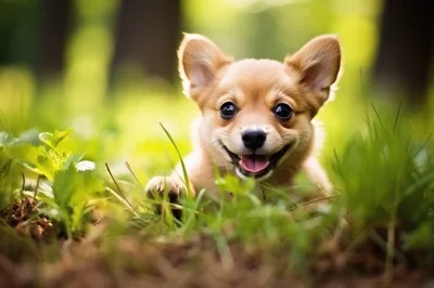 Happy Puppy Resting In Lush Green Grass