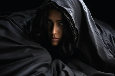 Mysterious Woman Wearing A Dark Hooded Cloak