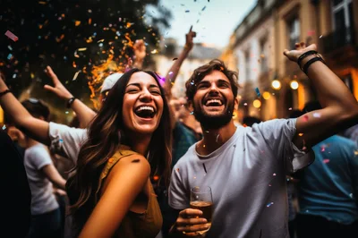 Young Couple Celebrating With Confetti At An Outdoor Party