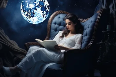 Woman Reading A Book In A Moonlit Armchair