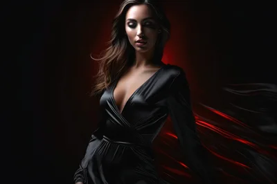 Elegant Woman In Black Silk Dress Against Red Background