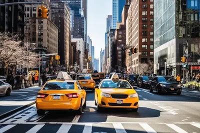 Yellow Taxis Driving Through Busy New York City Street