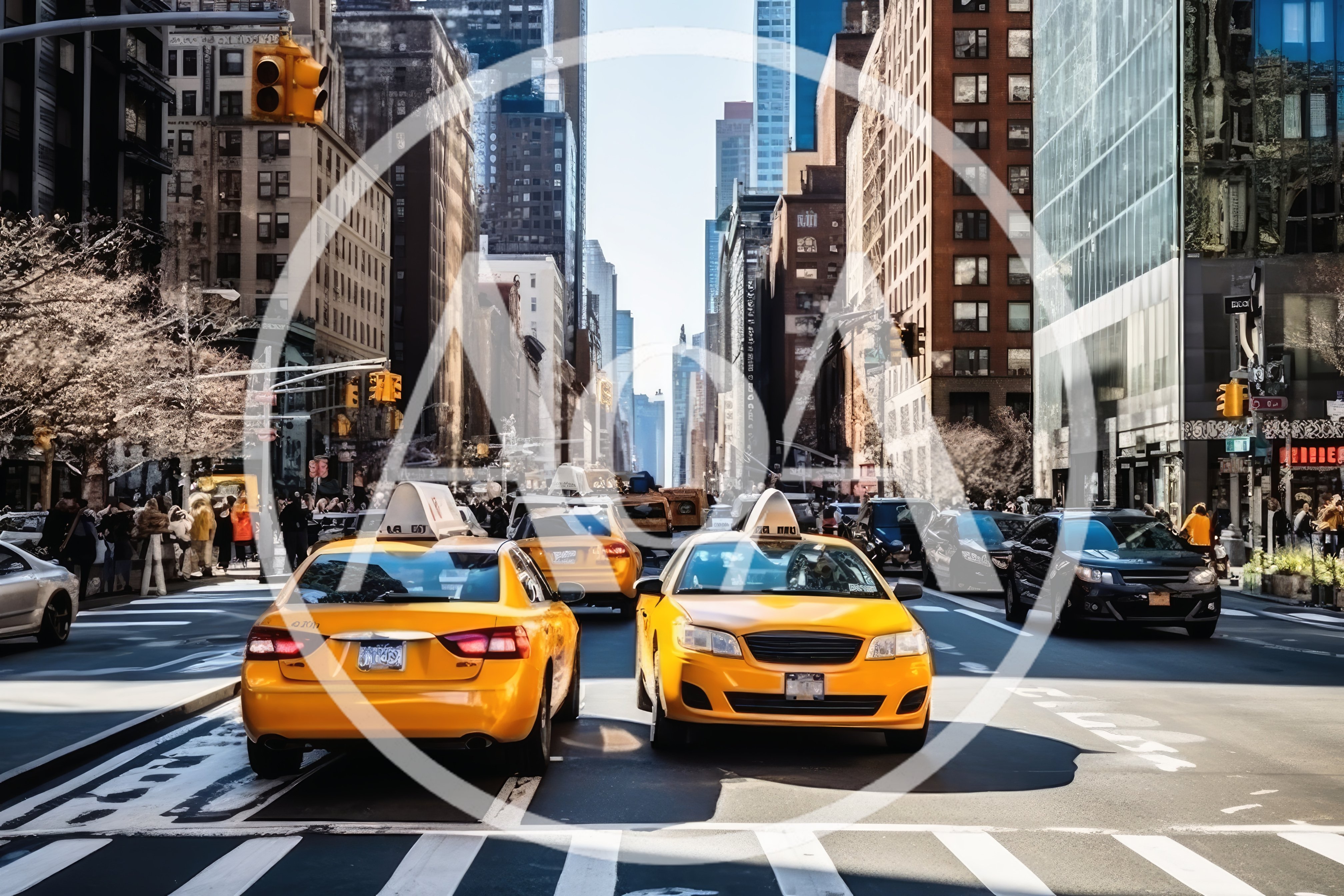 Yellow Taxis Driving Through Busy New York City Street