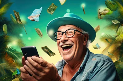 Excited Senior Man Using Smartphone Outdoors