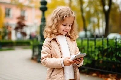 Little Girl Using Smartphone Outdoors In Autumn