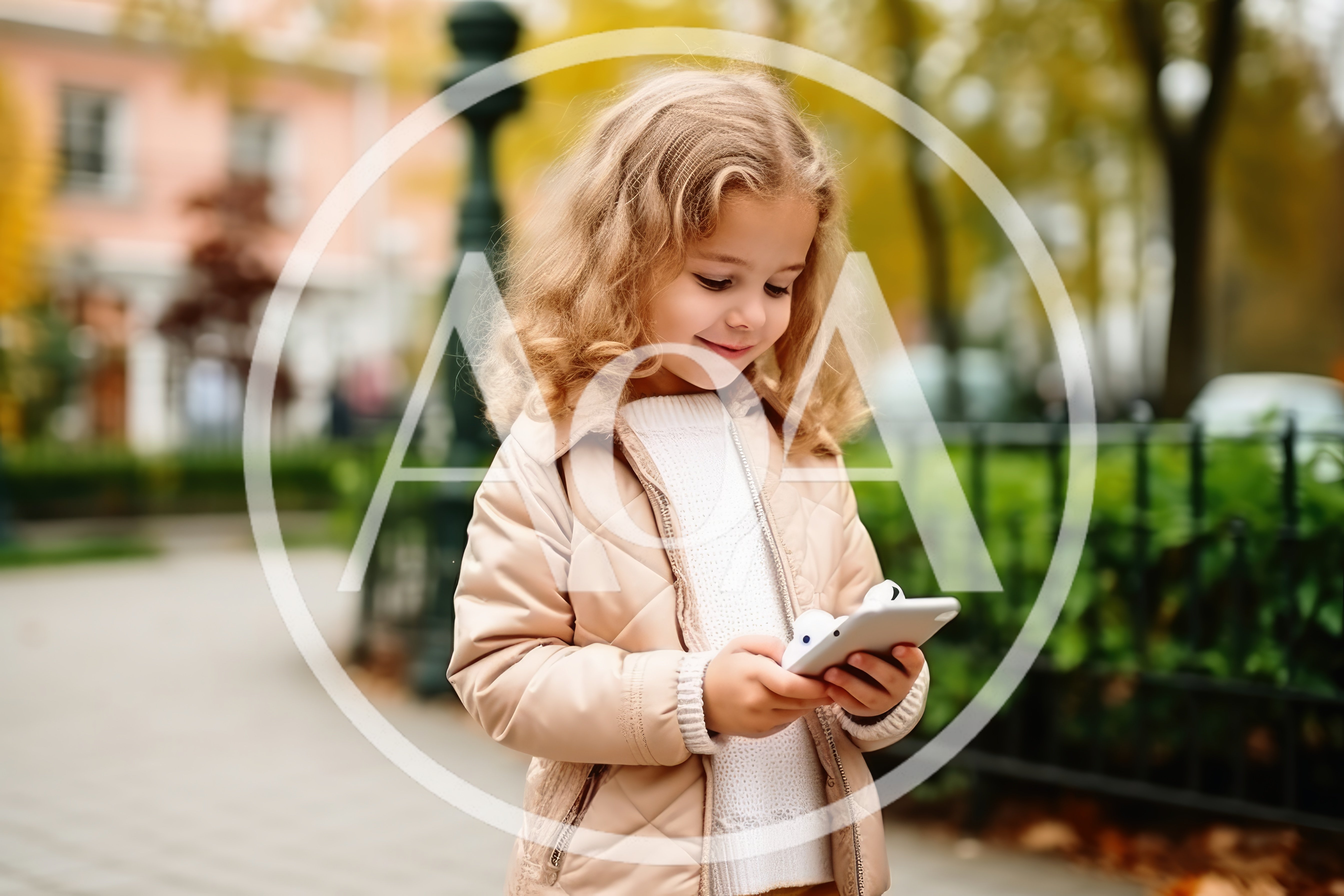 Little Girl Using Smartphone Outdoors In Autumn