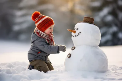 Toddler Playing With A Snowman In Winter