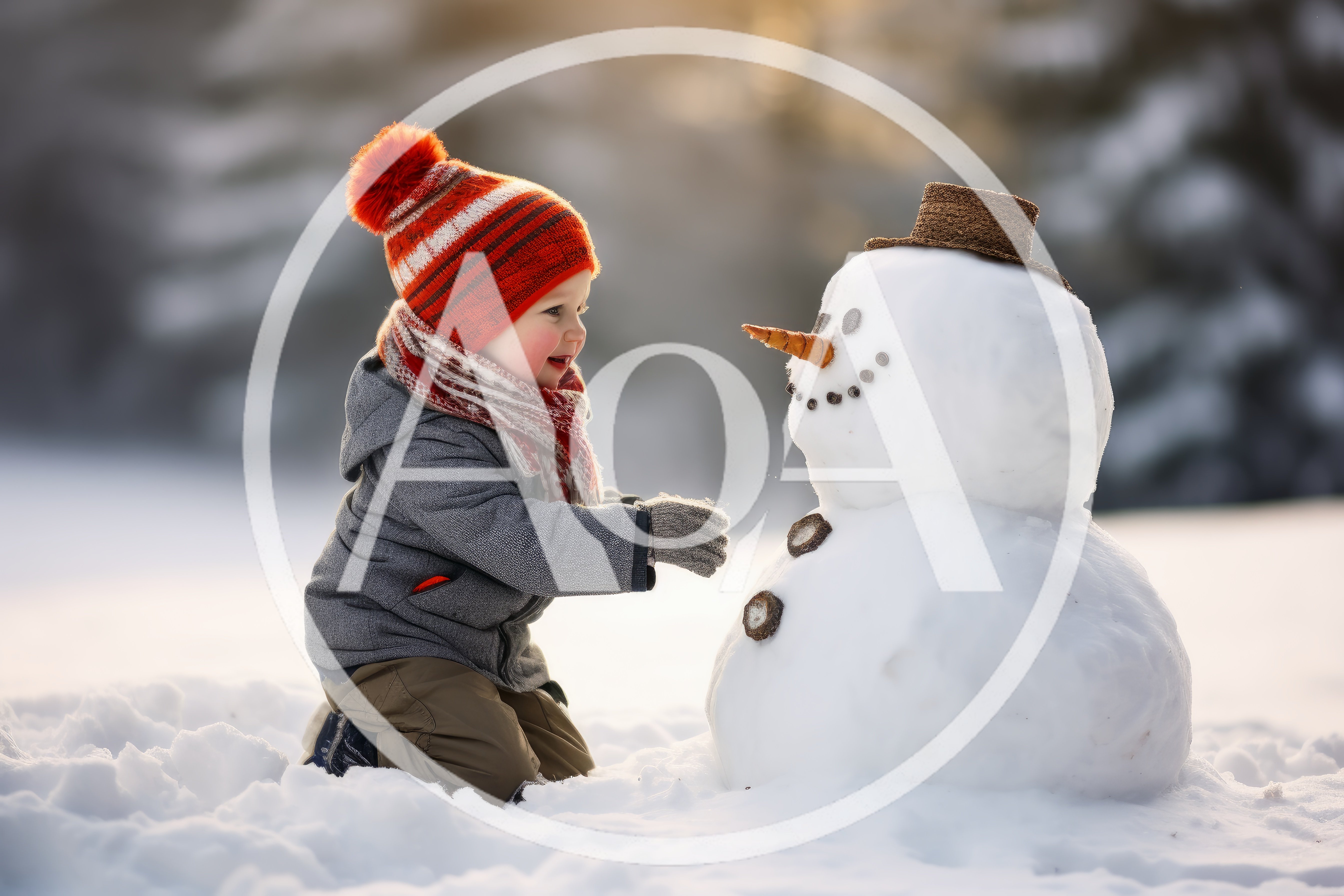 Toddler Playing With A Snowman In Winter