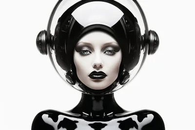 Futuristic Woman Wearing A Glossy Black Space Helmet