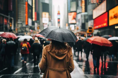 Woman Walking Through Rainy Times Square