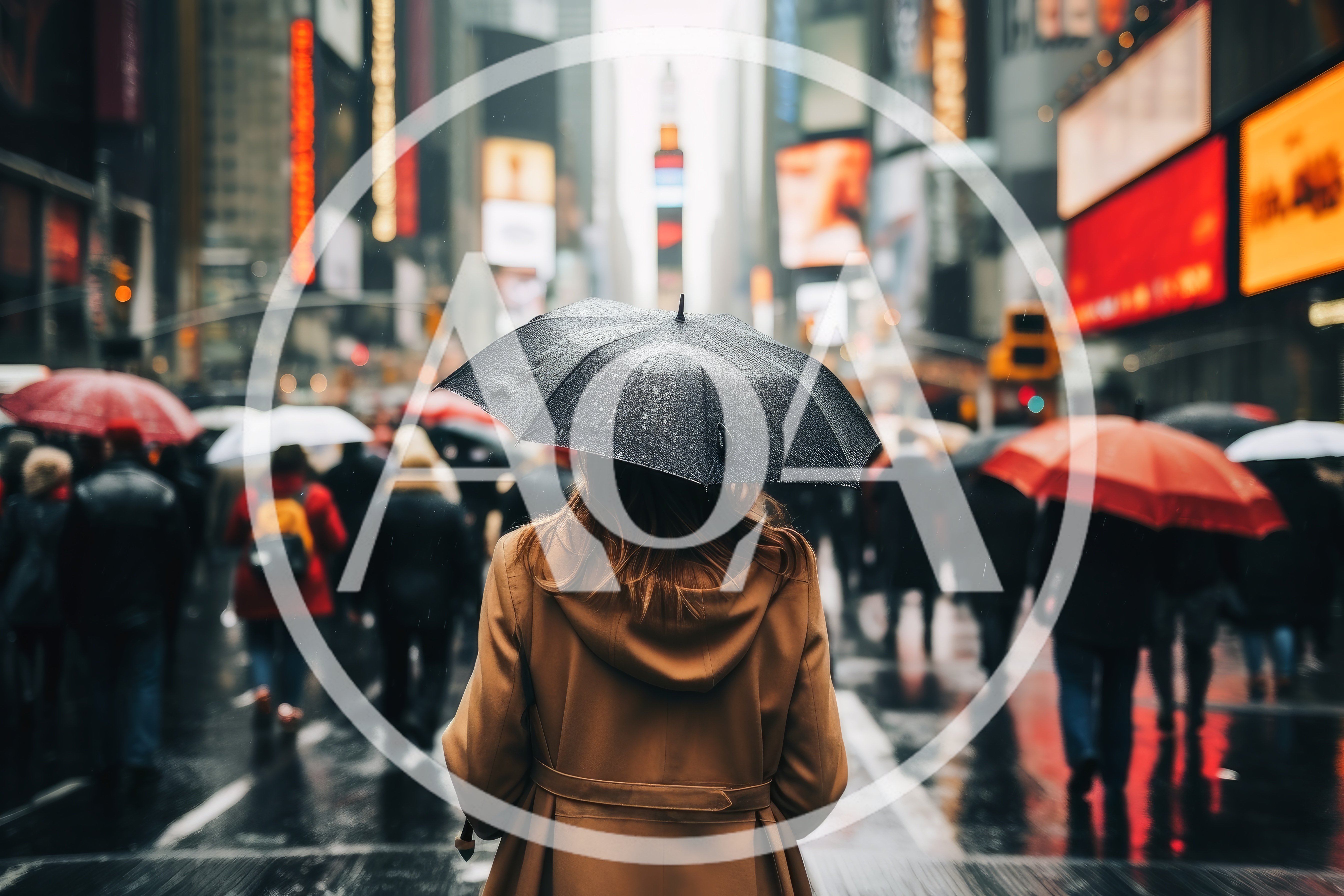 Woman Walking Through Rainy Times Square