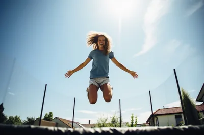 Young Woman Jumping High On A Backyard Trampoline
