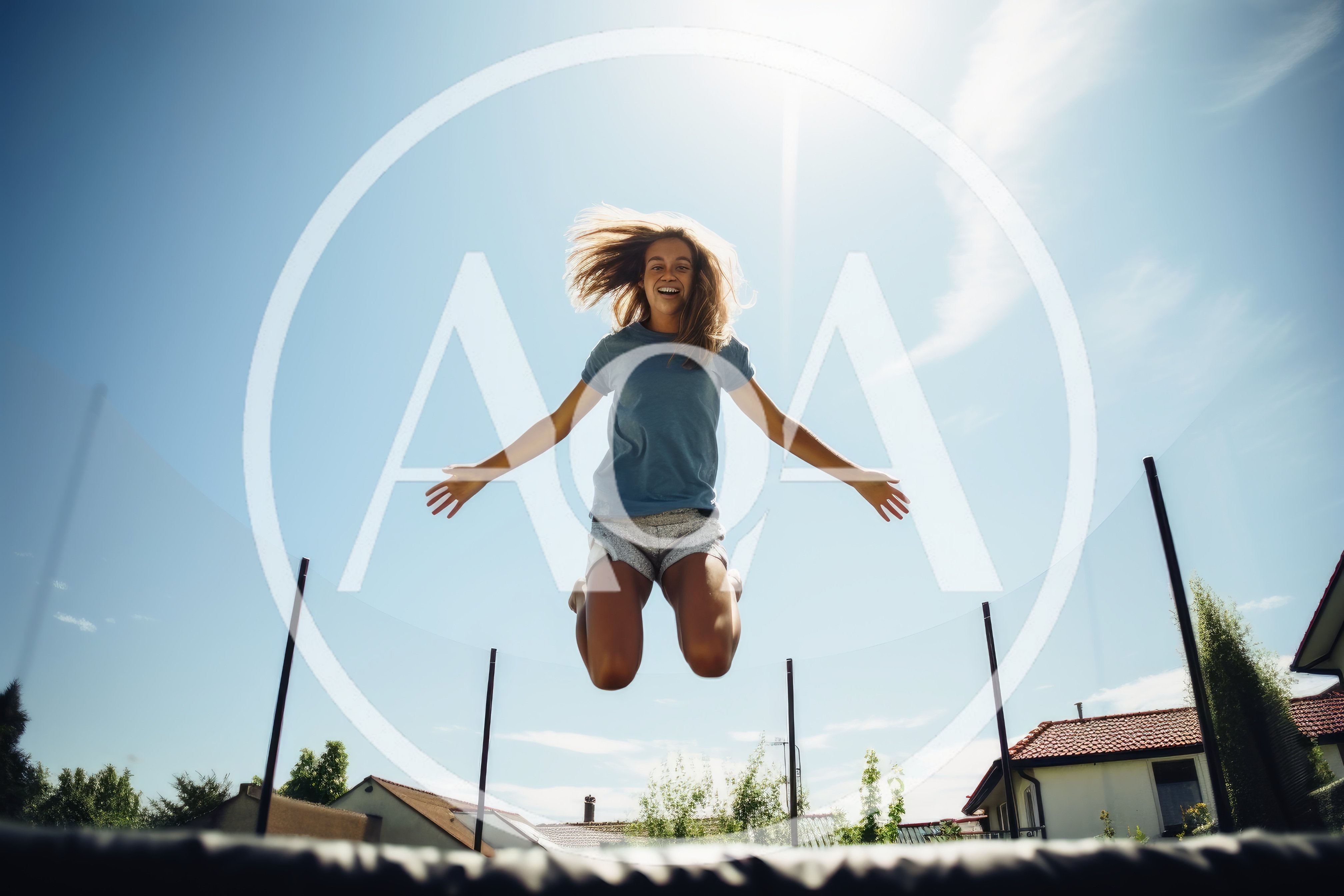 Young Woman Jumping High On A Backyard Trampoline