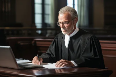 Mature Judge Working At Desk In Courtroom