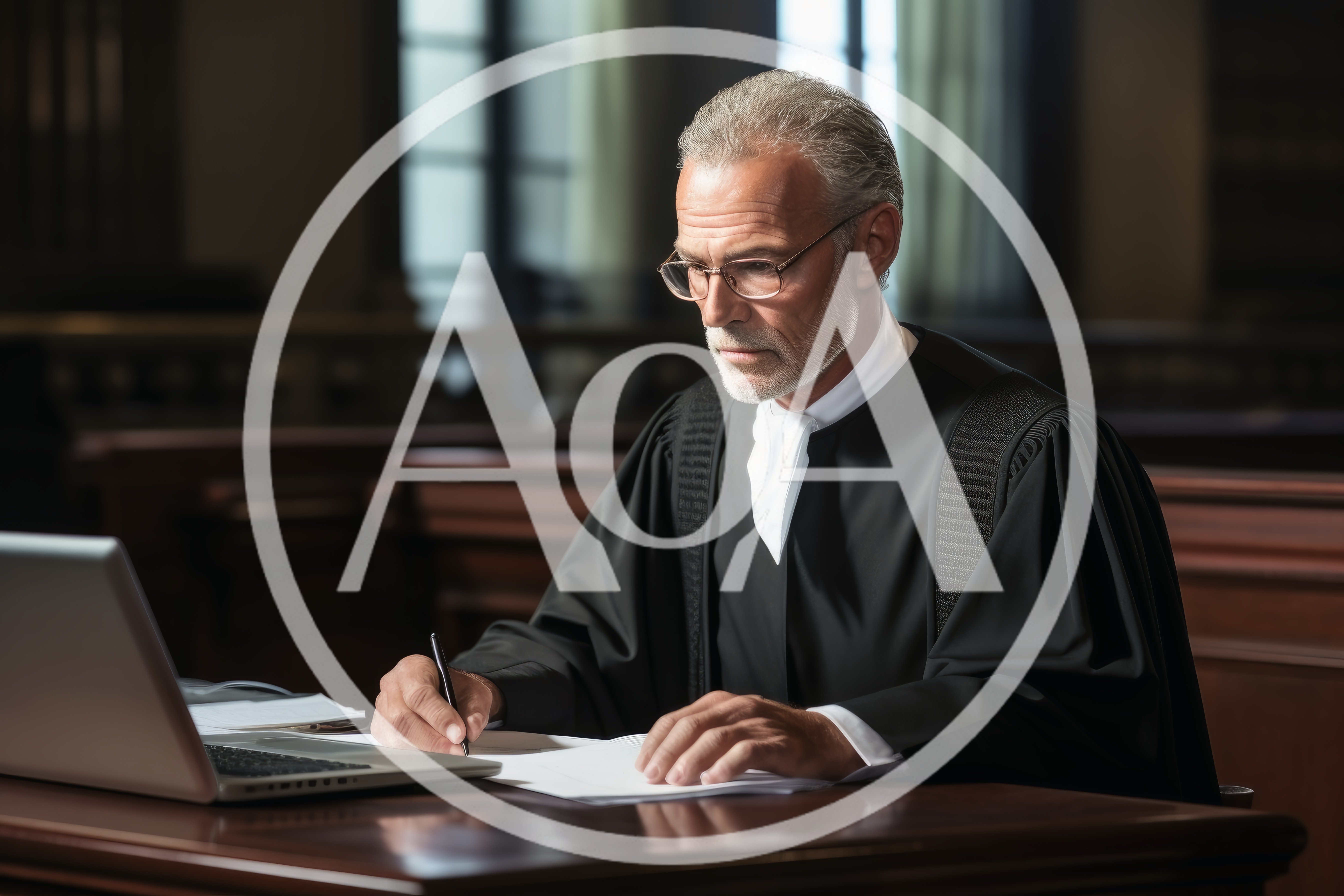 Mature Judge Working At Desk In Courtroom
