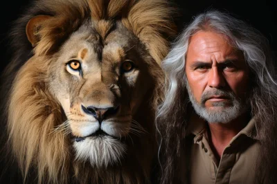Portrait Of A Man With A Majestic Lion