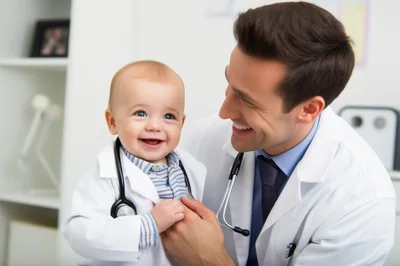 Male Pediatrician Smiling At A Baby In A Lab Coat