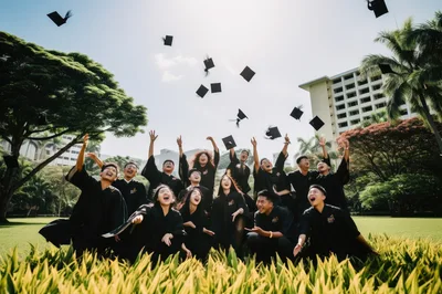 Group of Graduates Celebrating with Caps Tossed in Air