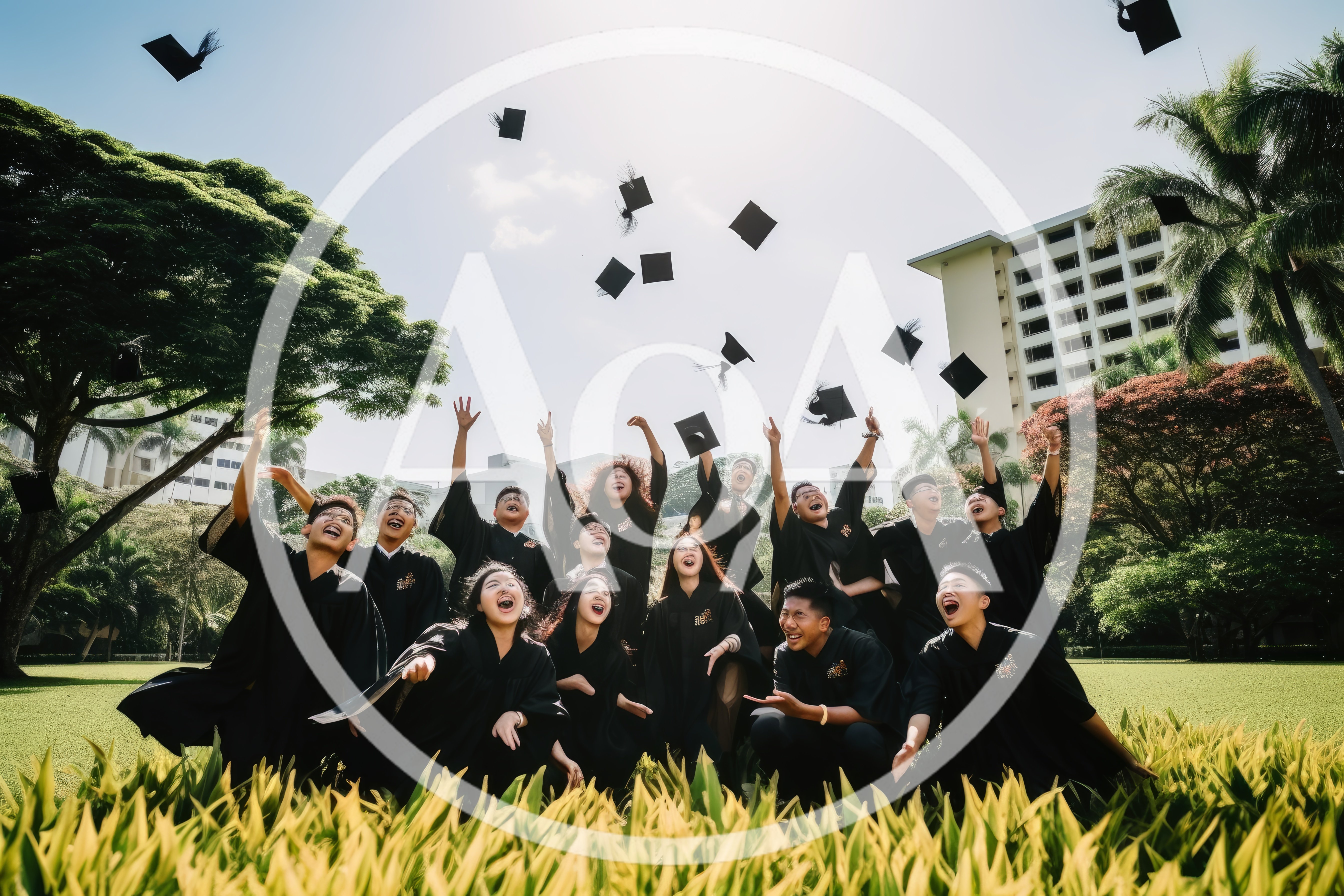 Group of Graduates Celebrating with Caps Tossed in Air