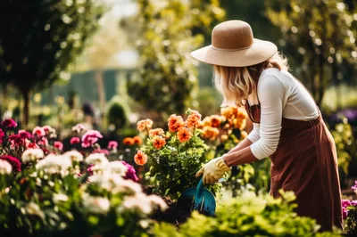 Woman Gardening With A Trowel In A Flower Nursery