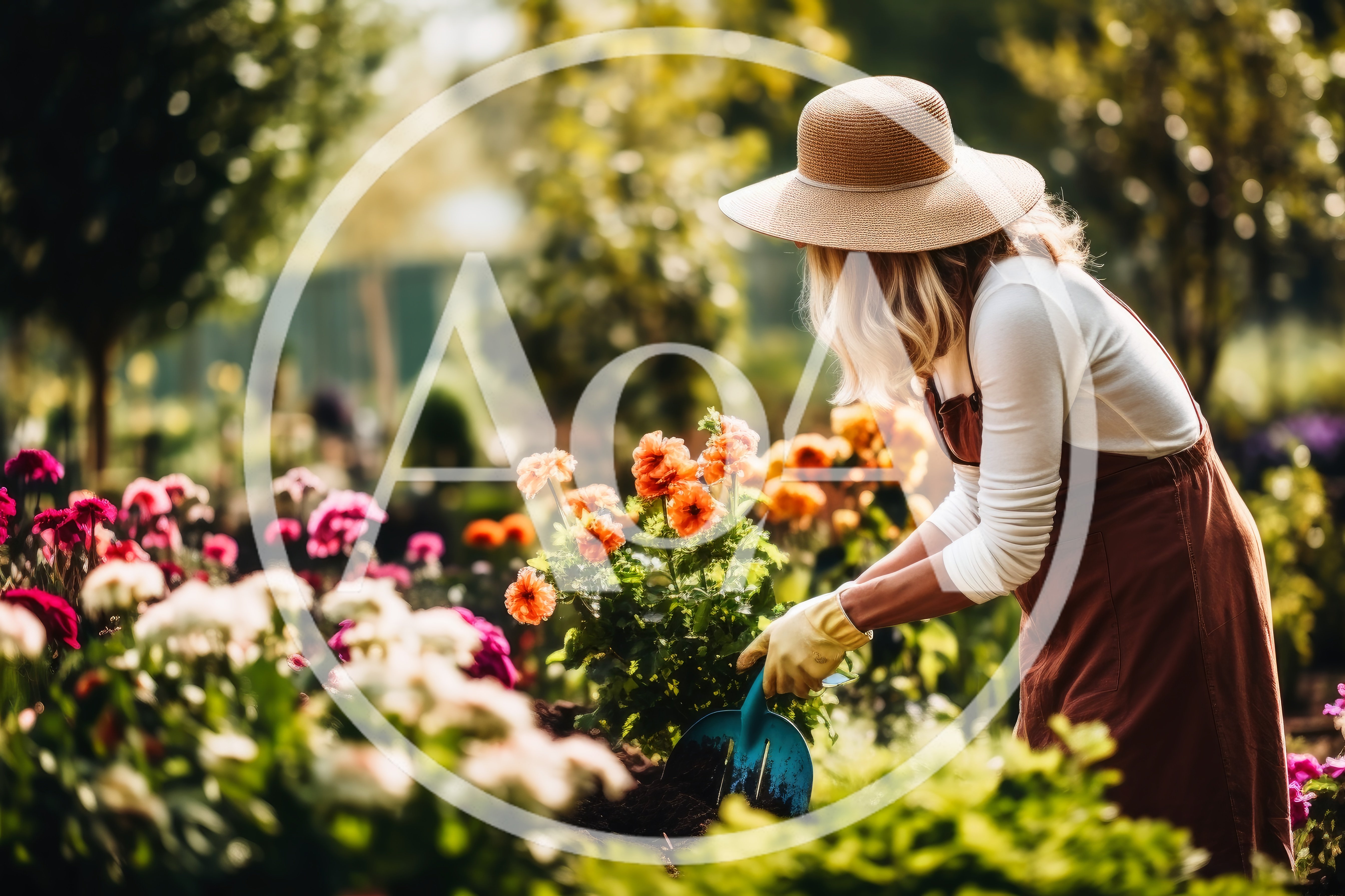 Woman Gardening With A Trowel In A Flower Nursery