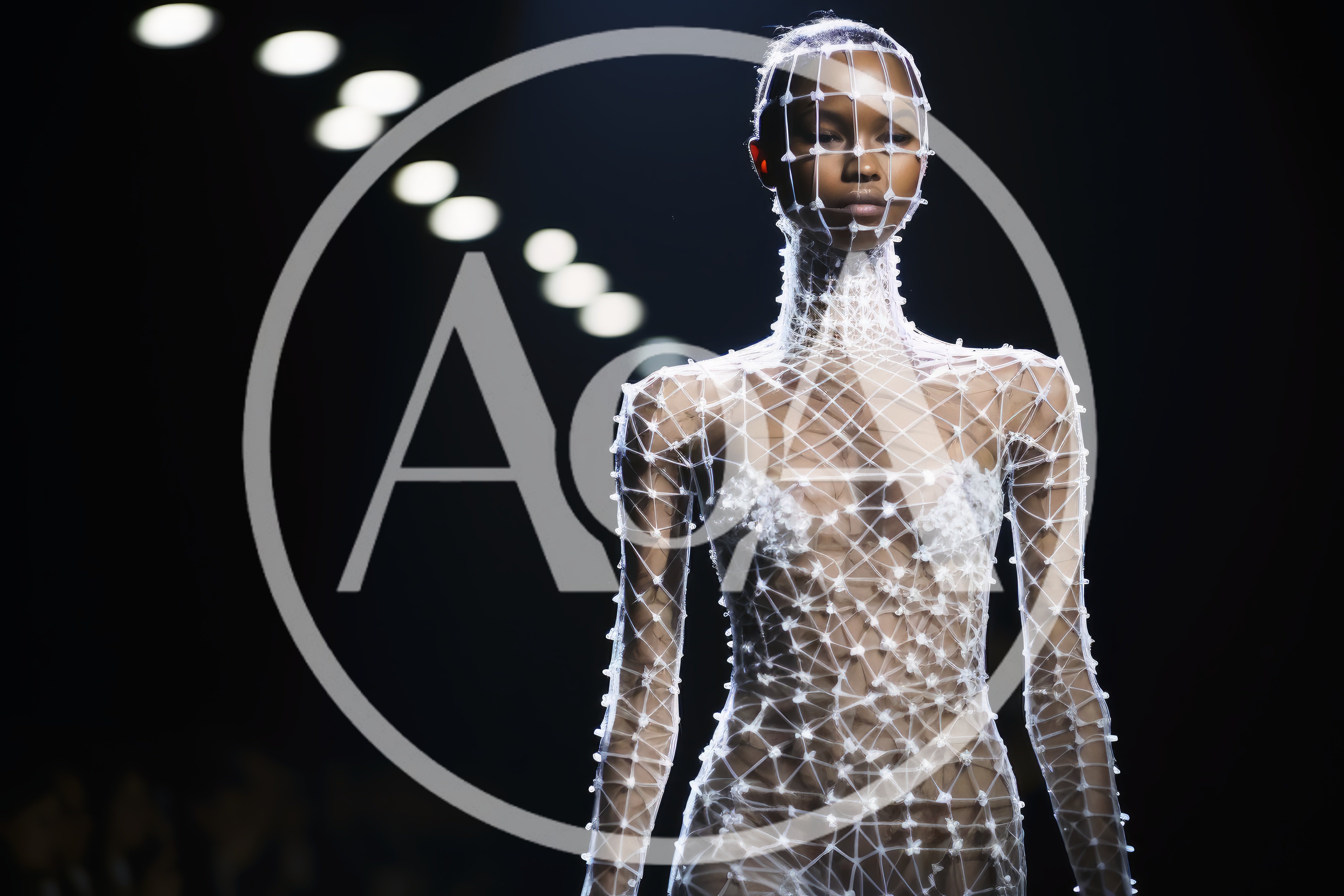 Model Wearing Avant Garde Geometric Mesh Fashion Design