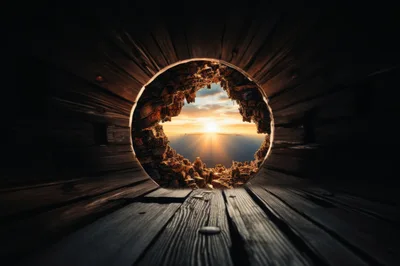 Sunset View Through A Circular Hole In Wooden Planks